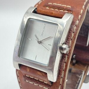 DKNY Women's Watch 24mm Silver Tone Brown Leather Cuff 30M Tank New Battery 8"